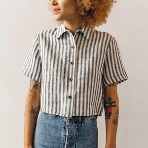 7115 by Szeki Striped Cropped Button Down Wide Size XS Blue & White